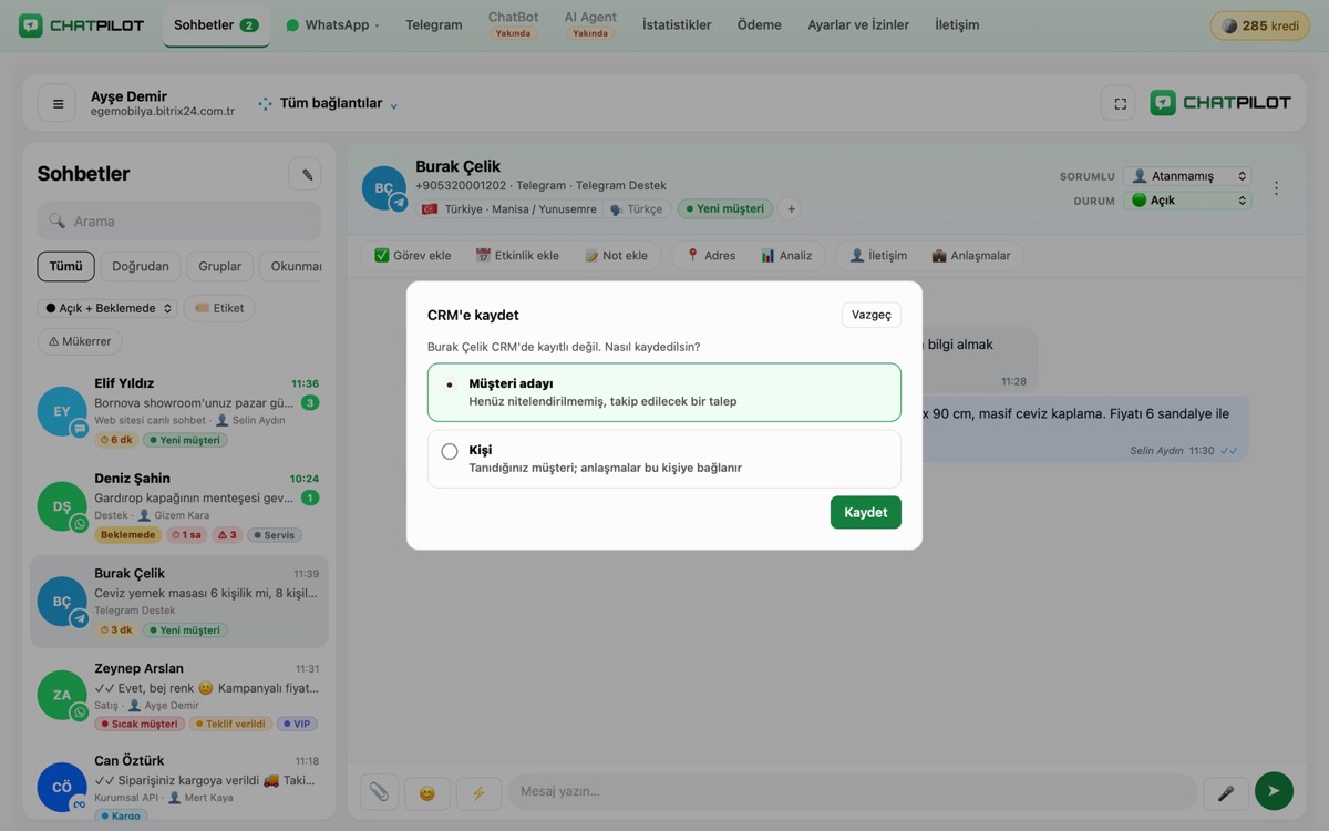 ChatPilot · CRM'e kaydet